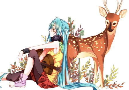 Peaceful Day - pretty, artistic, brown, horns, guitar, headphones, animal, plants, nice, program, leggings, beauty, virtual, cg, white, deer, cute, aqua eyes, song, vocaloid, anime, blue, twintail, grass, hatsune miku, microphone, music, aqua, stockings, pantyhose, art, idol, anime girl, beautiful, singer, girl, cool, black, miku, awesome, diva, digital, aqua hair, hatsune, vocaloids, headset, peaceful