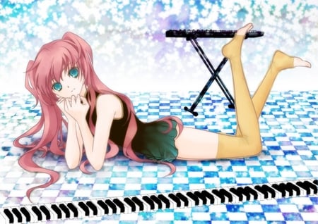 Megurine Luka - aqua, thigh highs, thighhighs, music, anime girl, stockings, white, laying, piano, art, yellow, cool, aqua eyes, checkered, artistic, leggings, song, vocaloids, program, vocaloid, pink, beautiful, diva, dress, beauty, nice, twintail, singer, black, virtual, pretty, idol, megurine luka, anime, cute, megurine, luka, eletric piano, girl, pink hair, cg, awesome, digital