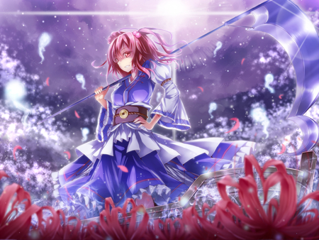 touhou - moon, ice, pink hair, purple, petals, weapon, flowers, kimono, short hair, dress