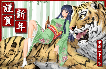 original - brown eyes, green, black hair, yelow eyes, kimono, long hair, tiger