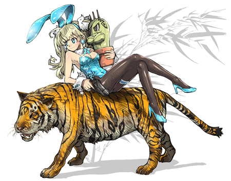 original - yelow hair, blue eyes, blue, long hair, animal girl, tiger