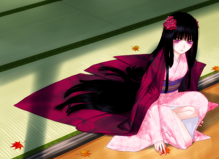 original - red eyes, alone, pink, petals, long hair, kimono, black hair