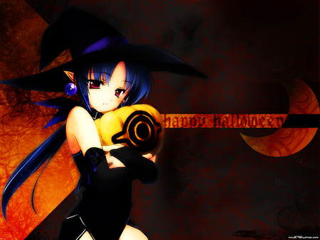 hallowen - brown eyes, blue hair, blush, prange, long hair, drak, demon