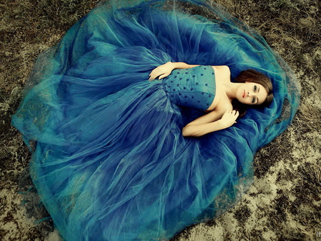 Relaxing on the ground - woman, girl, blue, ground, dress, relax