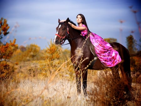 Morning ride - morning, ride, autumn, girl, field, horse, pink dress, brunette, prairie