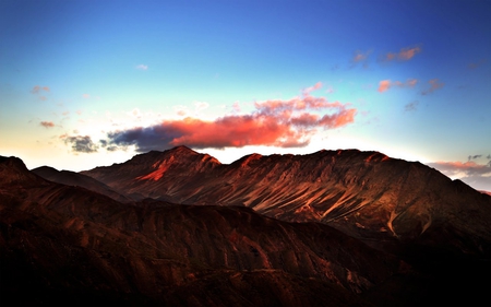 First Beam - sky, mounts, sun, mountains, nature, view, blue, beautiful, clouds, sunrise, scene