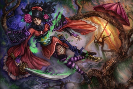 Momohime - alone, sword, momohime, digital painting, girl, tim kelly, dress, art, cg, fantasy, color