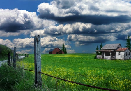 green fields - fields, sky, clouds, green, house, grass, plants