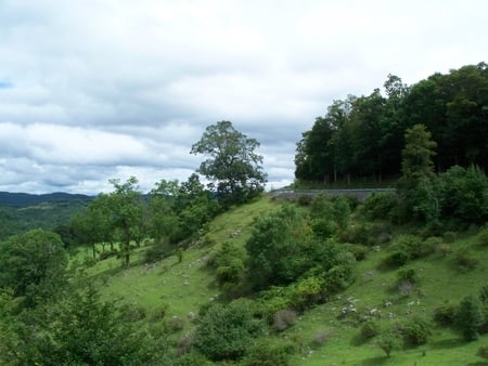 just around the bend - clouds, tress, mountains, green grass, sky