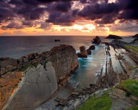 stones-barrage - sky, beach, sun, sunset, nature, view, beautiful, clouds, scenery, stones, sea