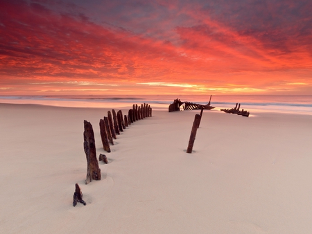 hot-burning-sky - beach, sky, hot, wave, wood, calm, nature, view, clouds, red, scenery, sea, sand