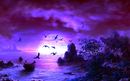 EERIE NIGHT - ocean, seagulls, sky, trees, shore, sunset, rocks, nature, evening, clouds, flock, beautiful, island, boat, birds