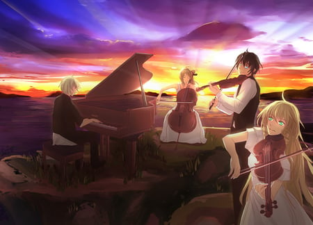 concert_on_the_cliff - anime, music, sunset, colors, fantasy