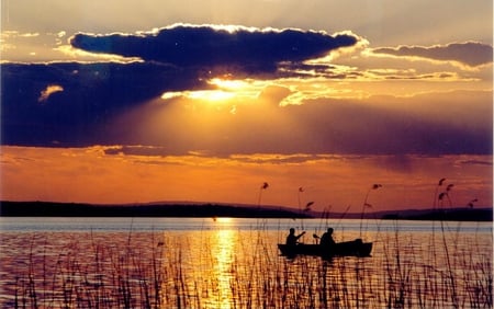 Sunset - nature, lake, sunset, boat