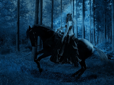 Lady on horse - blue, mystic, girl, forest, darkness, fantasy, lady, woman, enchanted