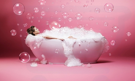 Taking a Bath - nice, woman, people, girl, photography, sensual, models female, bubbles, fantasy, foam, white, pretty, astrid bryan, pink, bath, beautiful