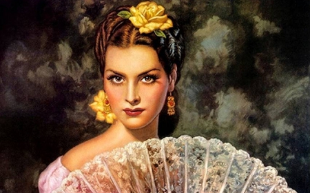 Spanish Girl with Fan - pretty, yellow, elegant, female, face, nice, art, abstract, beautiful, girl, figure, fan, lace, flower in hair, fantasy, grey, white, woman, painting