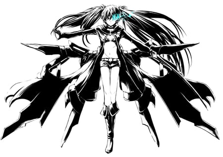 Blackâ˜…Rock Shooter - nice, beauty, bikini top, swords, hot, thigh highs, thighhighs, brs, anime girl, amazing, pretty, cool, game, anime, shorts, cute, ova, sexy, girl, warrior, boots, stunning, drawing, jacket, sketch, bikini, beautiful, awesome, weapons, black rock shooter