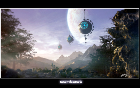 contact - moon, forest, clouds, aliens, blue sky, mountains, probes