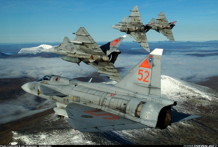 flying in formation - clouds, planes, banking planes, snow, blue sky, mountains