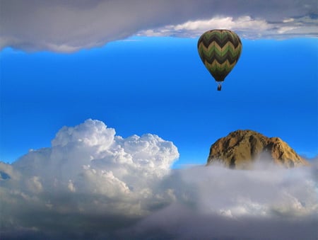 Above and below - white, sky, clouds, blue sky, hot air balloon, mountain, floating