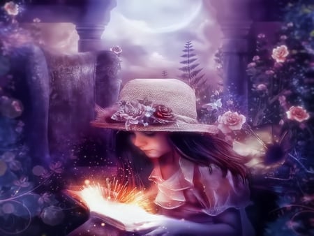 THE MAGIC BOOK - flowers, moon, female, magic, book, child