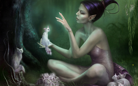 Elven Blessings - elves, magic, woman, cats, forest