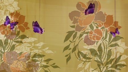 Oriental Influence - purple, leaves, dull, oriental, flowers, firefox persona, butterflies