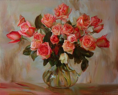 Pink roses in a vase - vase, roses, painting, artwork, russian