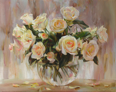 White Roses - roses, flowers, vase, artwork, painting