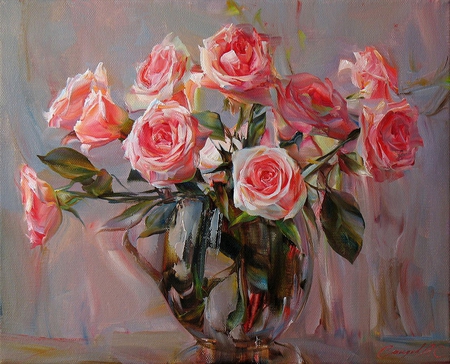 Beautiful Roses - flowers, vase, roses, painting, artwork, pink