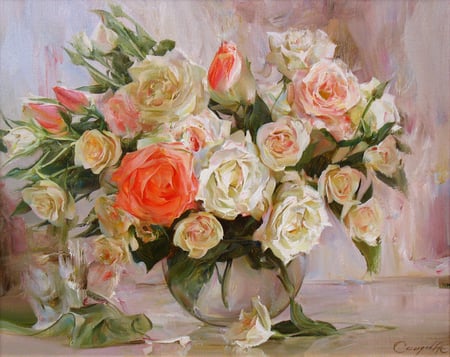 Bouquet of roses - flowers, vase, roses, painting, bouquet