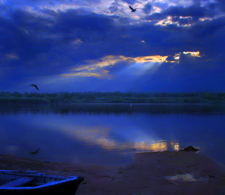 Beach night - reflections, last light, sky, beach, boats, blue, night