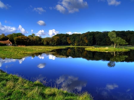 blue forest lake - sky, lake, trees, photography, water, nature, reflection, clouds, green