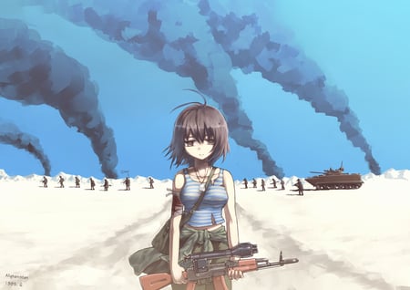 Endless War - gun, sky, brown eyes, girl, smoke, anime girl, original, brown hair, cool, rifle, anime, weapon, short hair