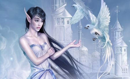 Elf - white, elf, girl, castle, blue, anime, birds