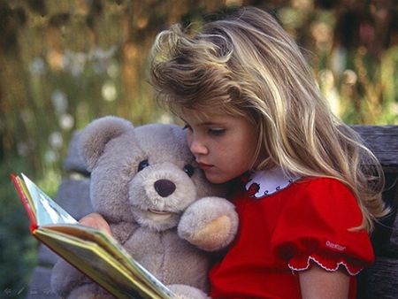 Once upon a time - love, adorable, lovely girl, child, book, sweet moments, cute girl, baby, childhood, fairy tale, friends, sweet, friendship, story, teddy bear, blonde