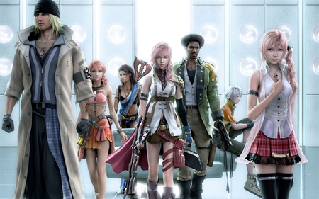 Together We Fight - ponytail, oerba dia vanille, snow, final fantasy, uniform, katzroy, hope, sazh, weapon, friends, oerba yun fang, action, brunette, video game, estheim, sword, together, sisters, outfit, claire, wavy, pigtails, long hair, serah, pose, vanille, lightning, pink hair, hat, farron, game, skirt, fang, xiii, villiers, fantasy, knife, stand, awesome, final, 13