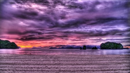 Purple Sunset View - clouds, water, scenery, beautiful, sea, sunset, nature, purple, view, wave, sun, sky