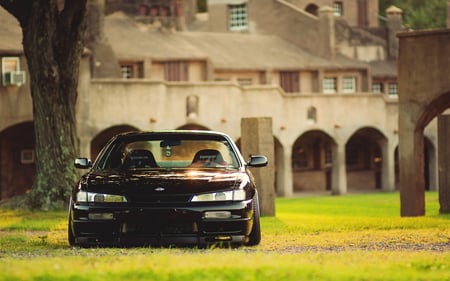 Nice Car - nice, glamour, summer, black, nature, car, castle, beautiful, green, house, tree, grass