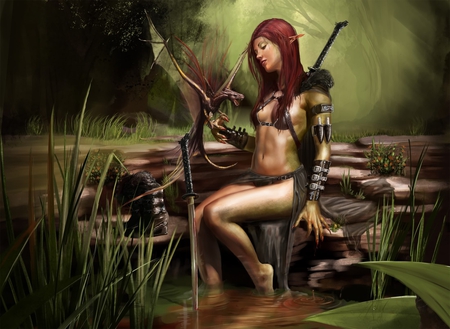 Fantasy - female, warrior, hot, digital art, girl, sword, cg, elf, red hair, fantasy, ninja, redhead, dragon, hd, sexy