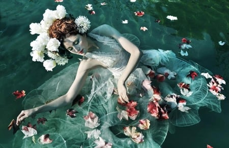 Water lady - love, lady, magic, water, white dress, beautiful lady, petals, beautiful, flowers, colors, sea