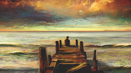 Solitude - beautiful, thought, rough, pier, boy, painting, pondering, loneliness, waves, art, pastel