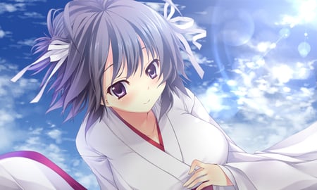 Original - short hair, black hair, blush, yukata, purple eyes, sky