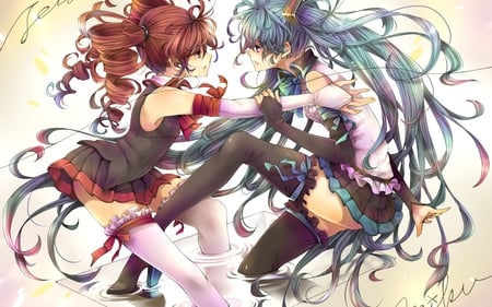 Miku & Teto - curls, hatsune miku, kasane teto, skirt, female, twintails, long hair, aqua hair, brown hair, vocaloid, anime