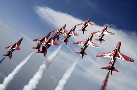 Red Arrows - formation, uk, bae, air, flying, raf, plane, force, red, hawk, arrows, brittish, royal, aerobatic