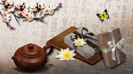 Tea and Gifts - oreintal, tea pot, gifts, sakura, cherry blossoms, butterfly, presents, lily