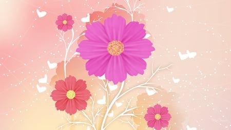 Flowers and Hearts - limbs, flower, hears, pink, flowers, tree, abstract