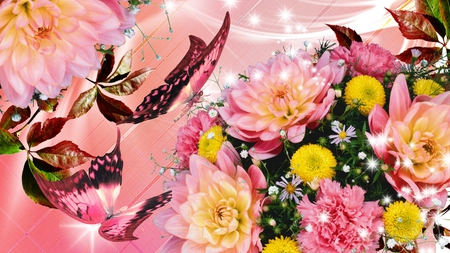 Dahlias and Butterflies - butterflies, pink, stars, firefox persona, leaves, flowers, smoke, dahlias, ribbons