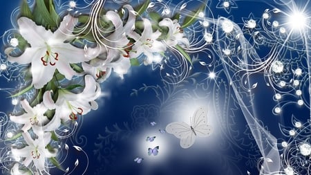 Glow Lilies - lilies, blue, butterflies, stars, firefox persona, flowers, glow, bright, shine